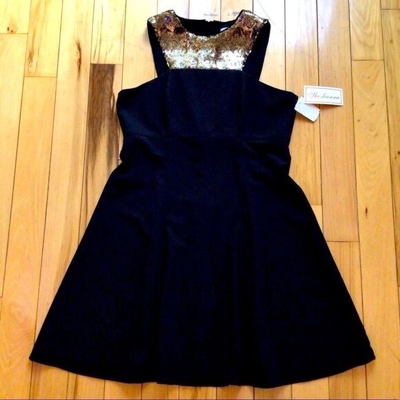 SHOSHANNA BLACK A-LINE SLEEVELESS GOLD EMBELLISHED YOKE SEQUIN DRESS 10 NWT - Picture 14 of 16